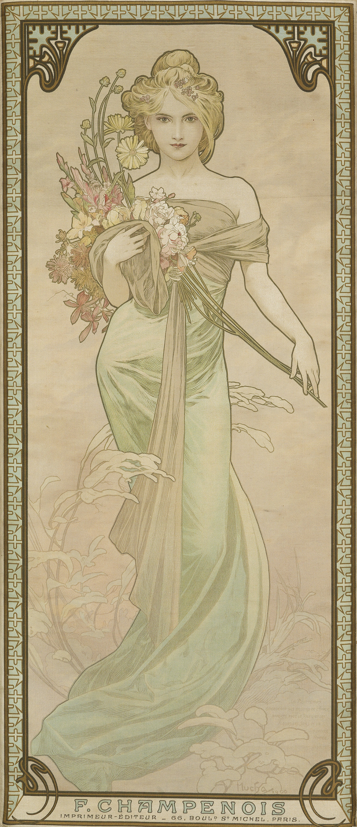 ALPHONSE MUCHA (1860-1939). [THE SEASONS.] Four decorative panels on silk. 1900. Each 27x12 inches, 70x31 cm. F. Champenois, Paris.